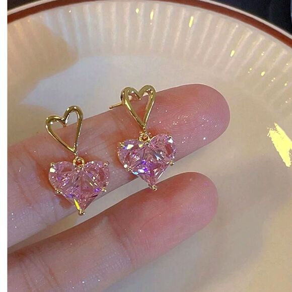 Gold Pink Rhinestone Heart Drop Earrings Crystal Dangle Pendant Romantic Gift - Picture 1 of 3